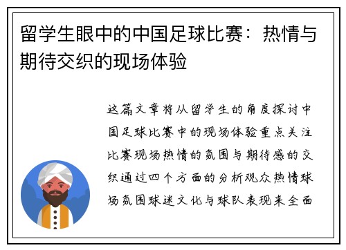 留学生眼中的中国足球比赛：热情与期待交织的现场体验