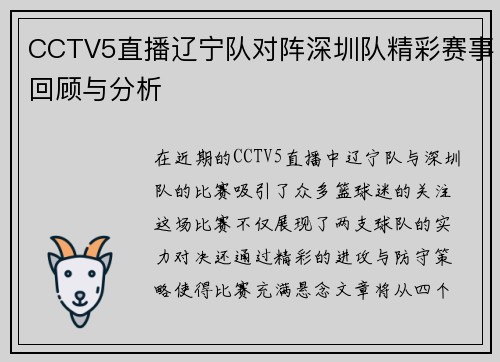 CCTV5直播辽宁队对阵深圳队精彩赛事回顾与分析